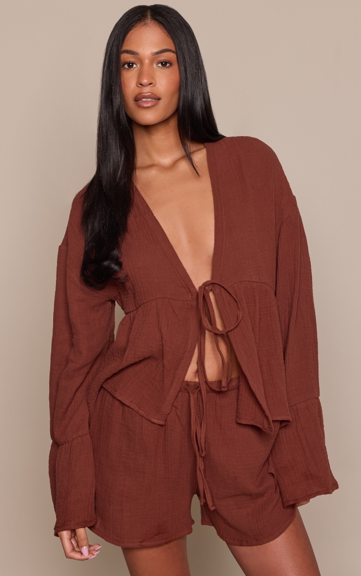 Tall Chocolate Cheesecloth Tie Front Blouse