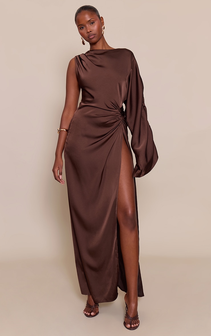 Chocolate Satin Asymmetric Cape Detail Maxi Dress image 1