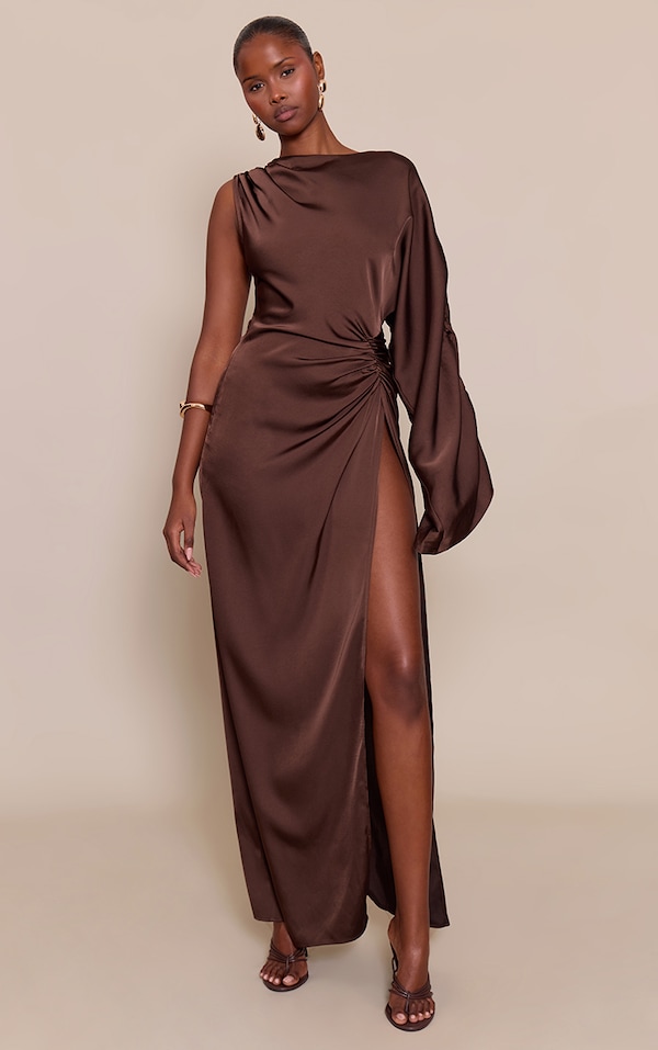 Chocolate Satin Asymmetric Cape Detail Maxi Dress