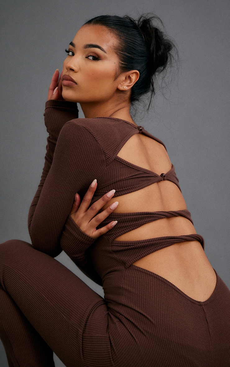 Chocolate Crinkle Rib Back Detail Long Sleeve Jumpsuit image 4