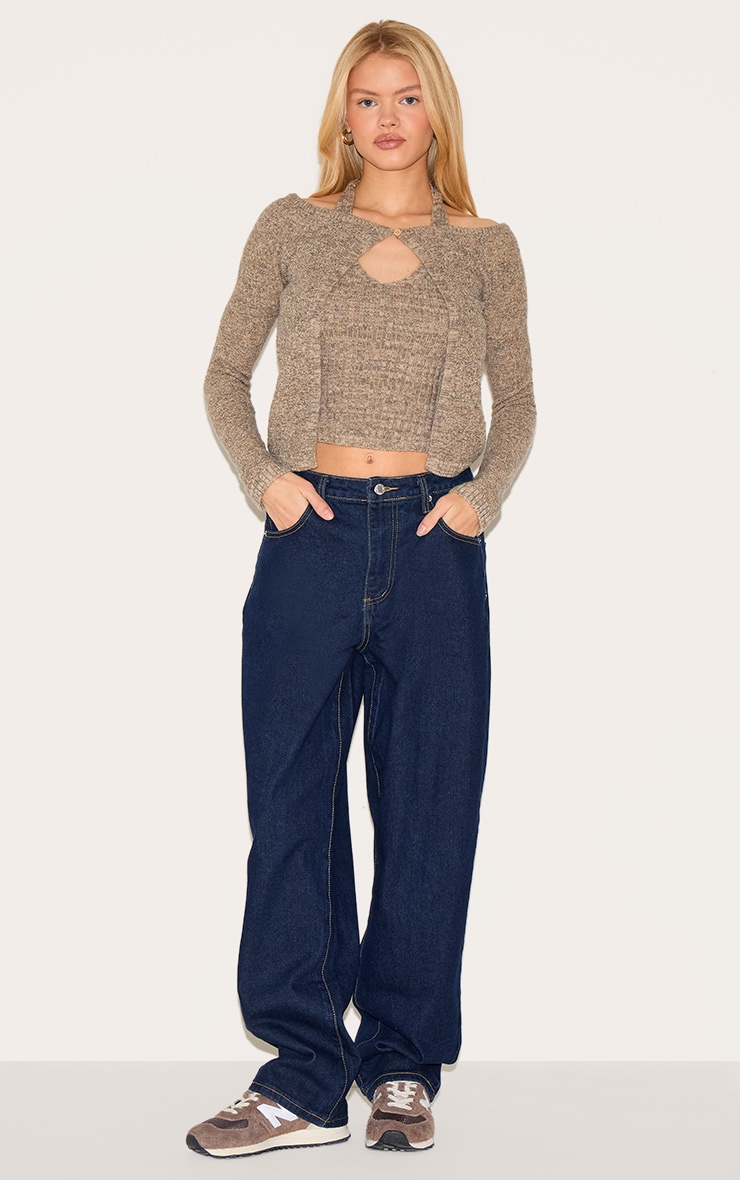 Oatmeal Layered Cold Shoulder Basic Knit Top image 3