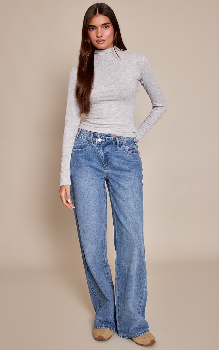 Mid Blue Asymmetric Waistband Wide Leg Jeans