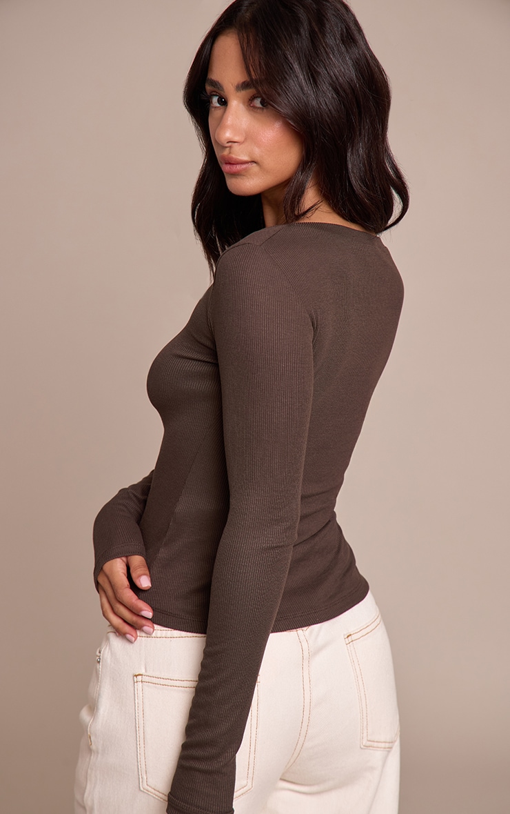 Petite Dark Chocolate Soft Rib Button Up Fitted Long Sleeve Top image 2
