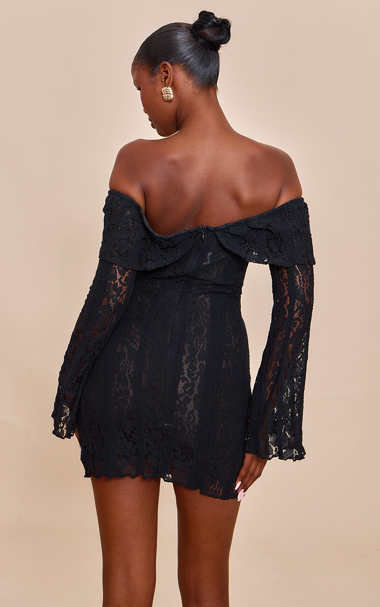 Black Lace Bardot Long Sleeve Mini Dress image 2
