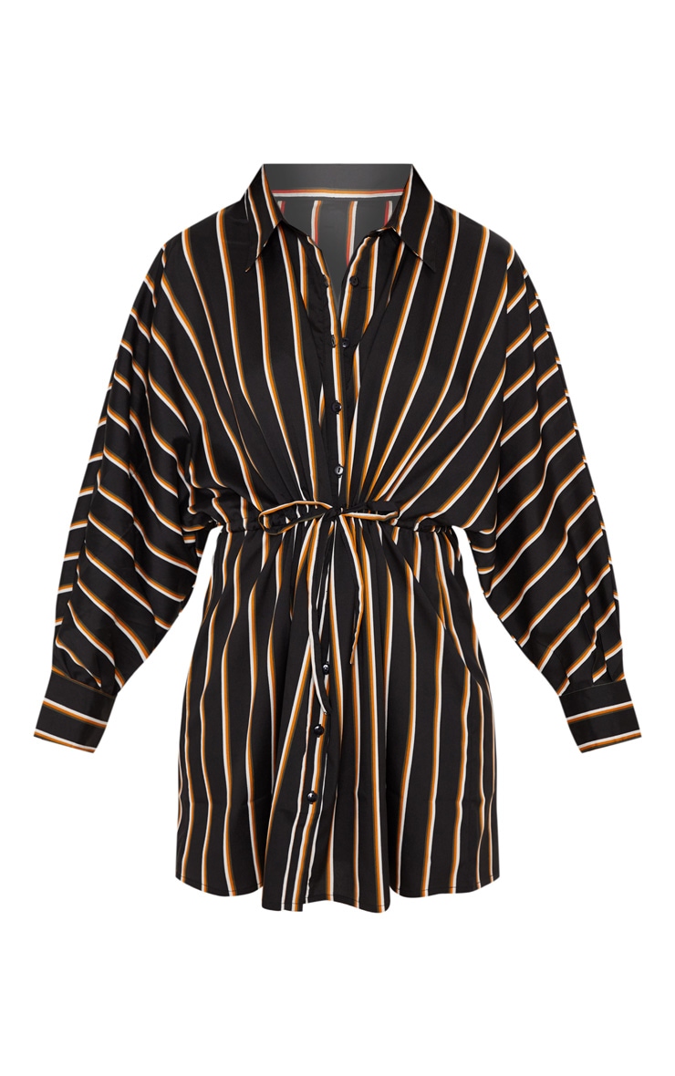 Black Stripe Drawstring Waist Shirt Dress image 3