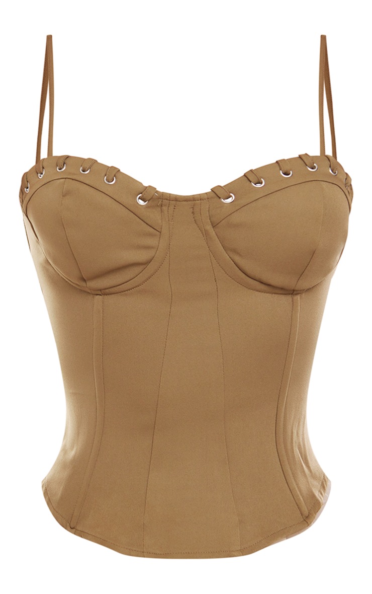 Olive Woven Eyelet Lace Up Cup Boned Corset Top PrettyLittleThing