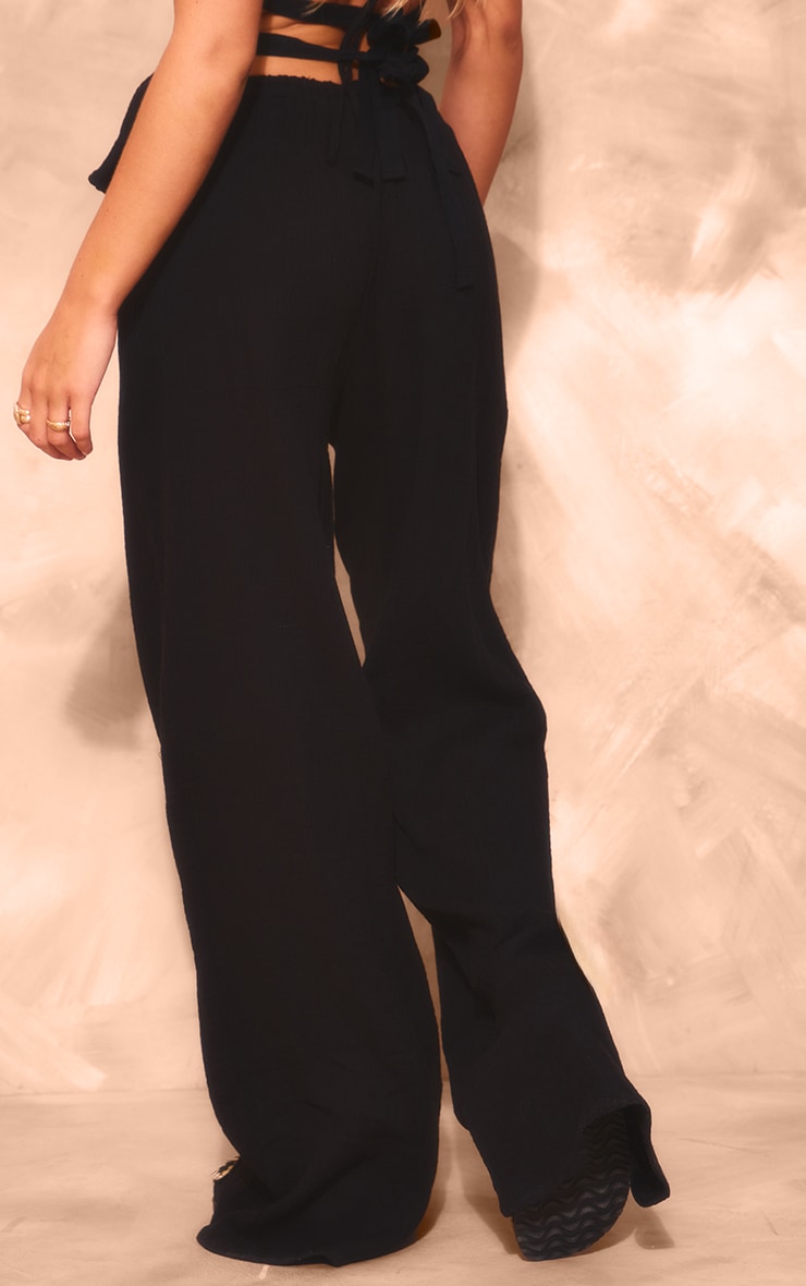 Pantalon large en étamine effet lin noir à taille basse image 3