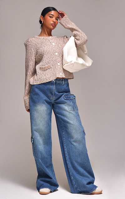 Cardigan en maille chinée texturée café au lait à poches et boutons