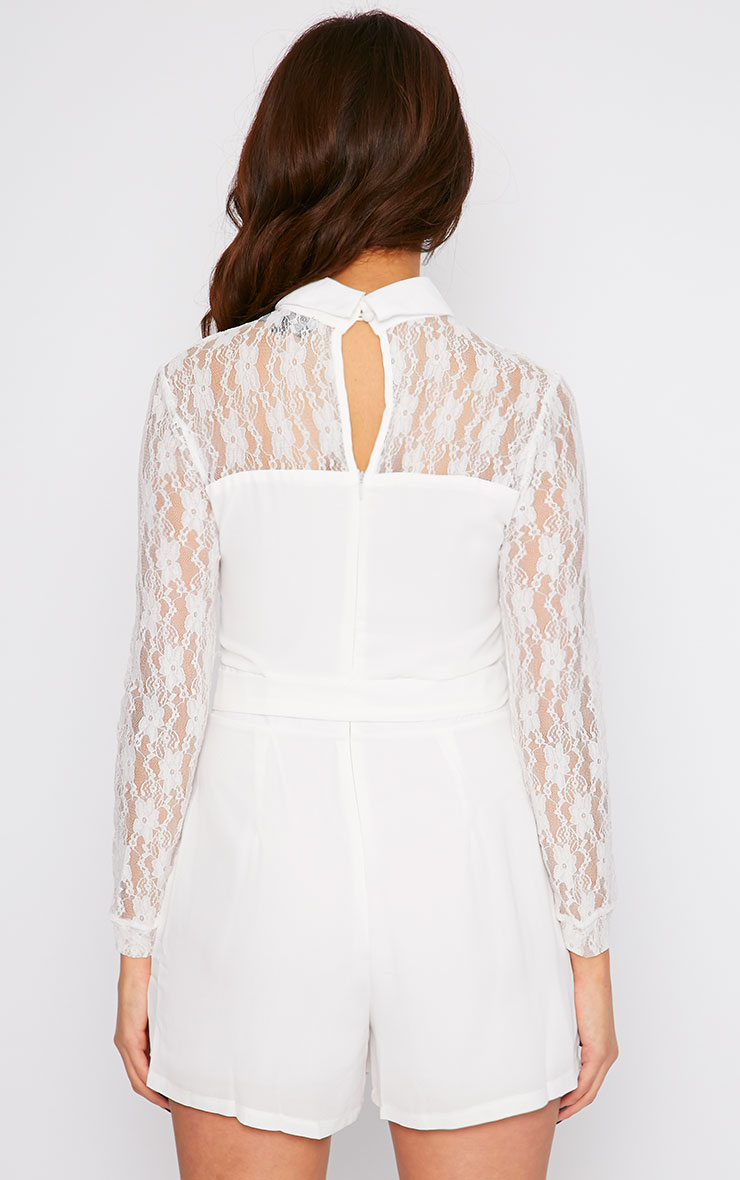 Nicky Cream Lace Long Sleeve Collar Playsuit PrettyLittleThing