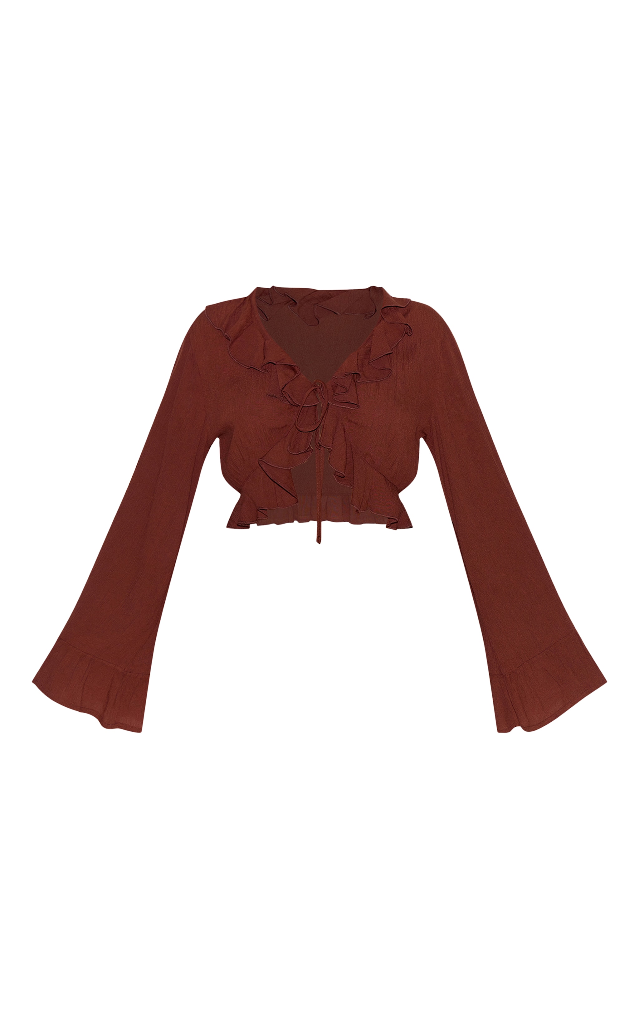 Petite Chocolate Cheesecloth Ruffle Tie Front Long Sleeve Top image 5