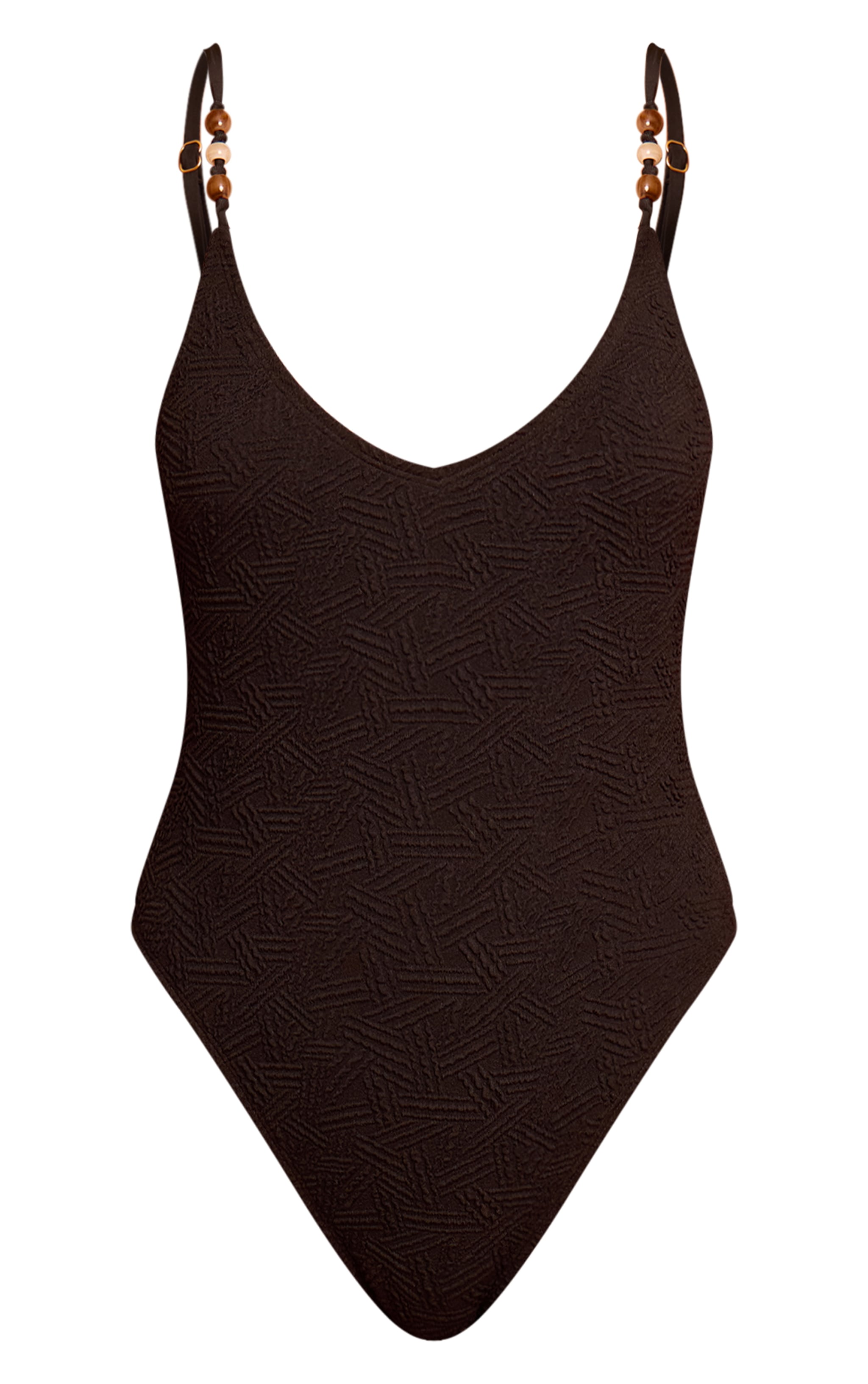 Black Textured Bead Trim Plunge Swimsuit image 5