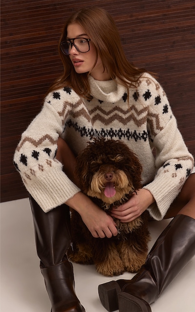 Pull en maille Fairisle crème à col montant