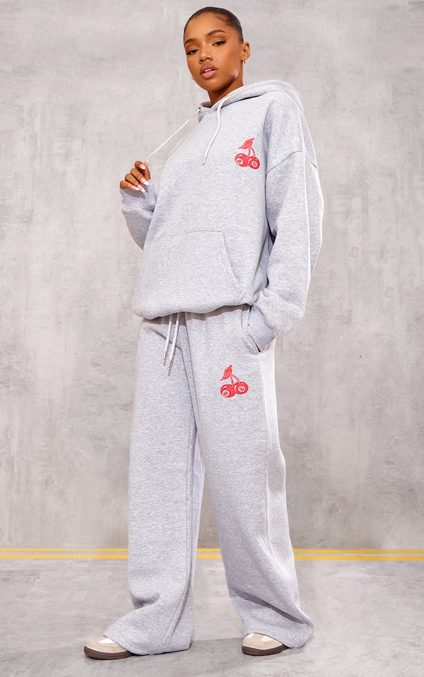 Grey Marl Cherry Print Oversized Wide Leg Sweatpants