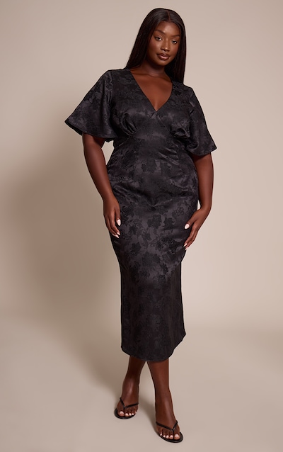 Plus Black Floral Jacquard Puff Sleeve Plunge Neck Maxi Dress