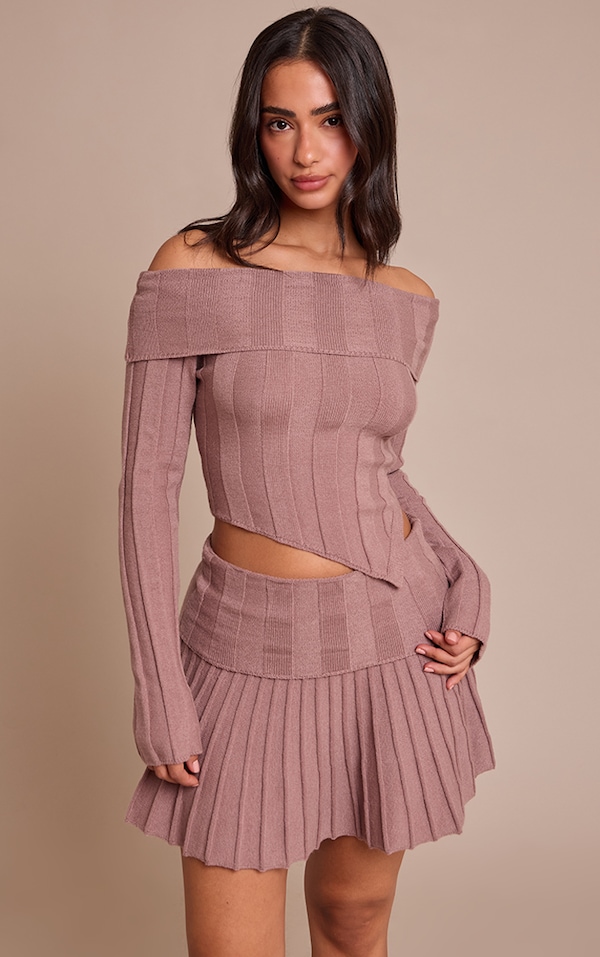 Petite Mocha Asymmetric Off Shoulder Knitted Top