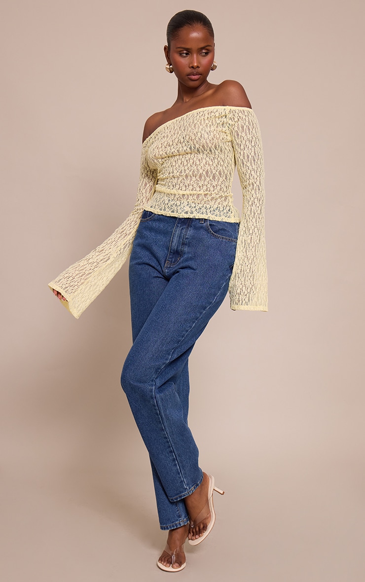 Lemon Textured Sheer Lace Bardot Flared Long Sleeve Top image 3