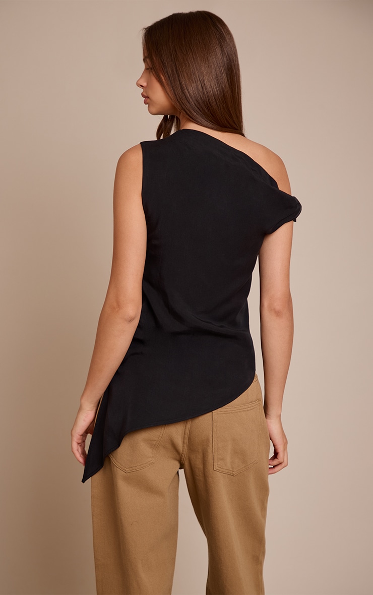 Black Tencel Asymmetric Drape Long Top image 2