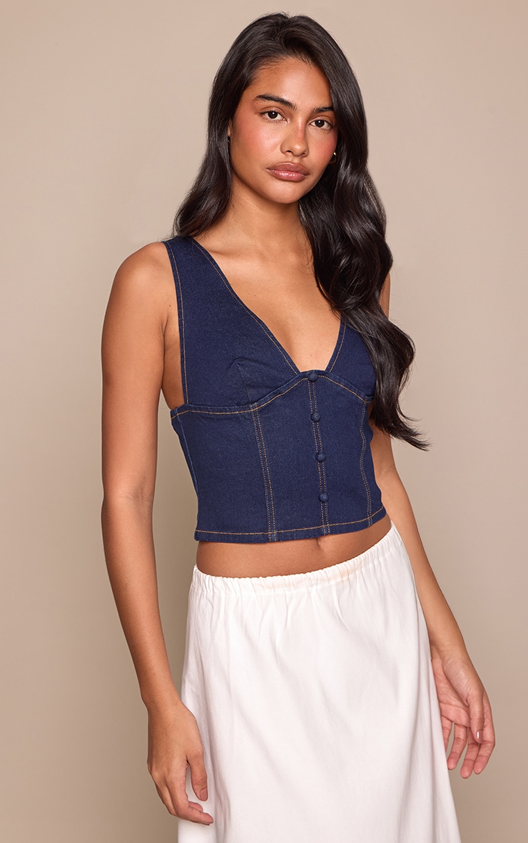 Indigo Covered Button Plunge Denim Top
