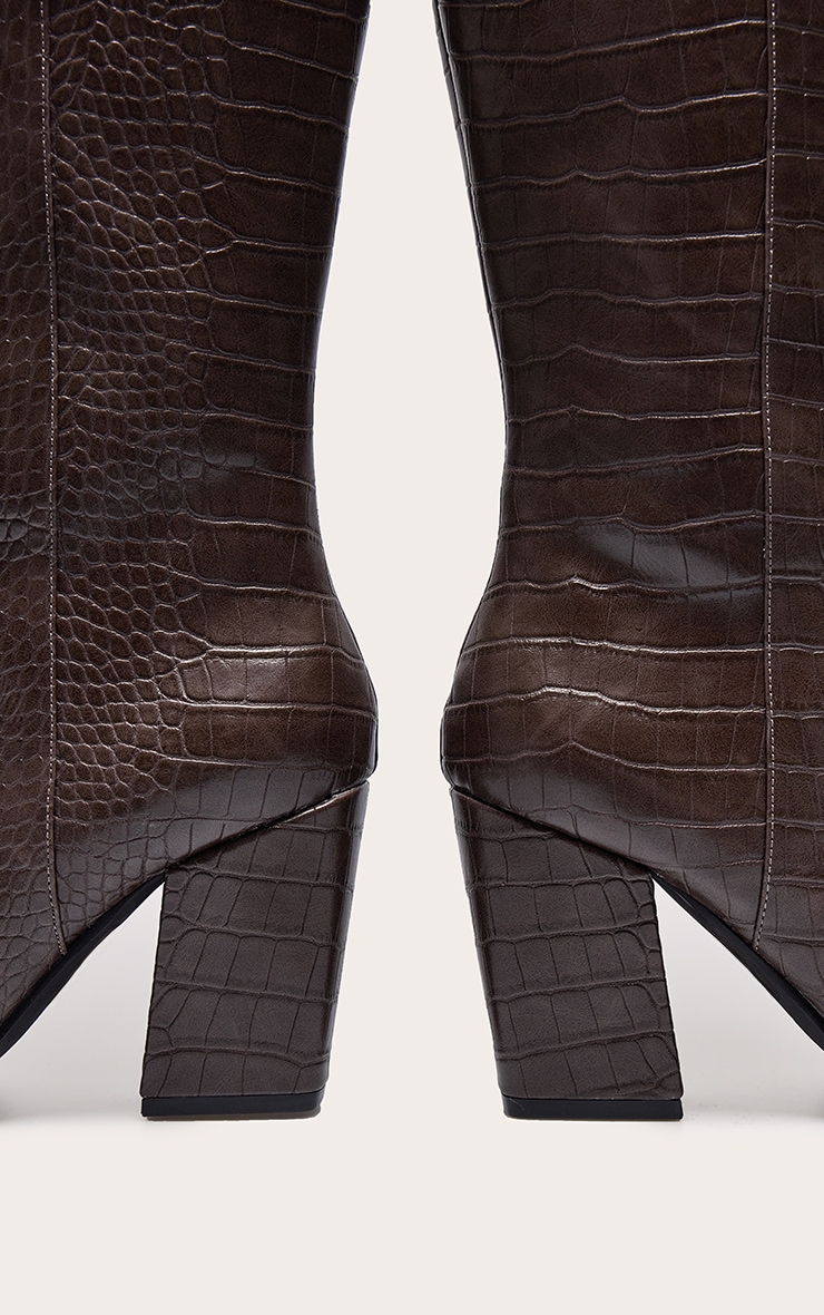 Chocolate Croc PU Point Toe Block Heeled Knee High Boots image 3