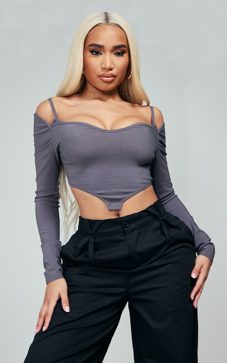 Shape Charcoal Stretch Woven Dipped Hem Bardot Sleeve Crop Top