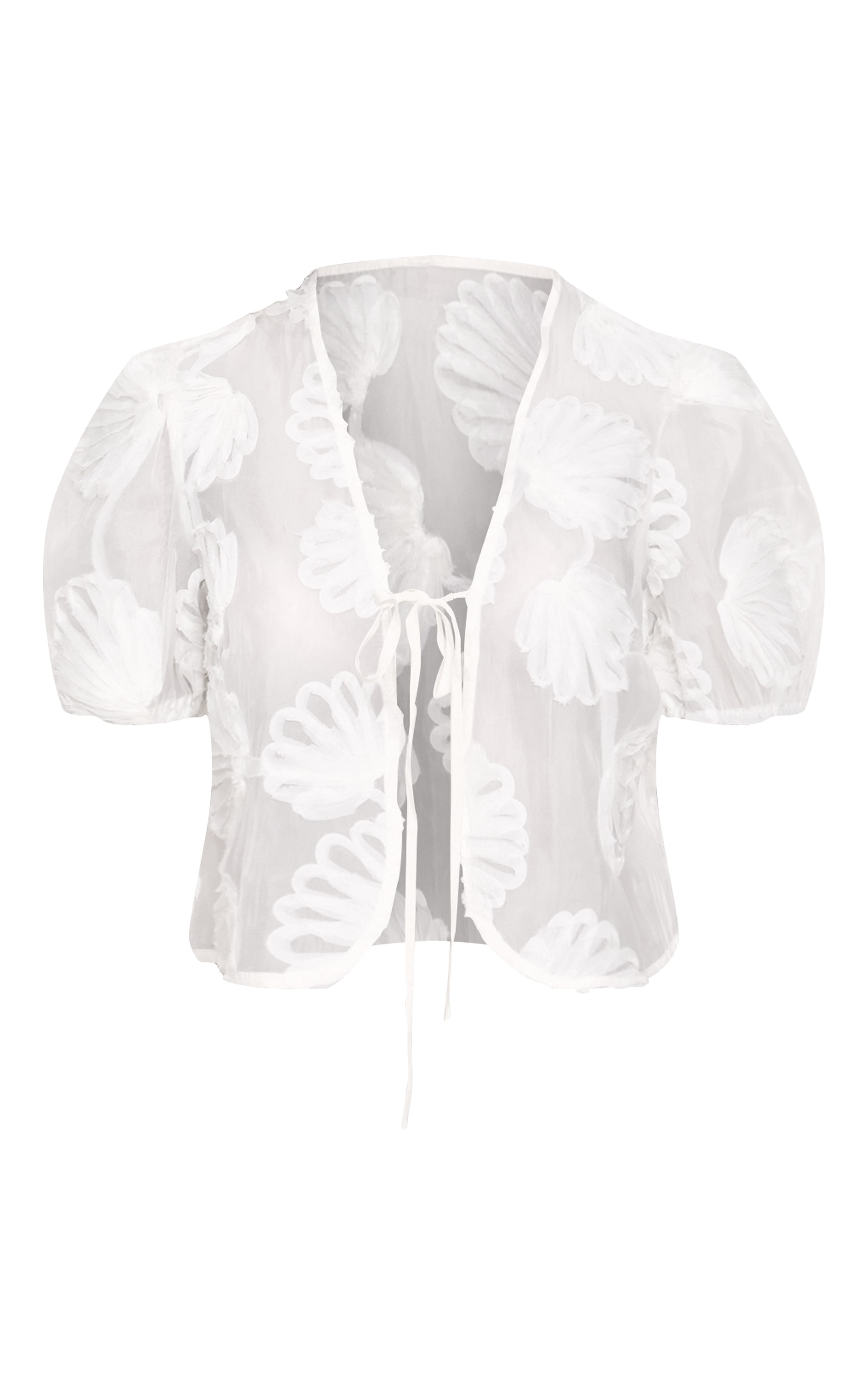 Petite Cream Sheer Shell Applique Tie Front Top image 5