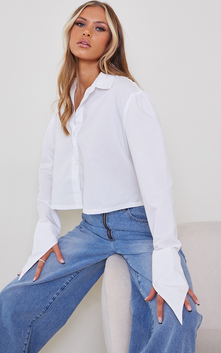 White Cropped Long Sleeve Shirt