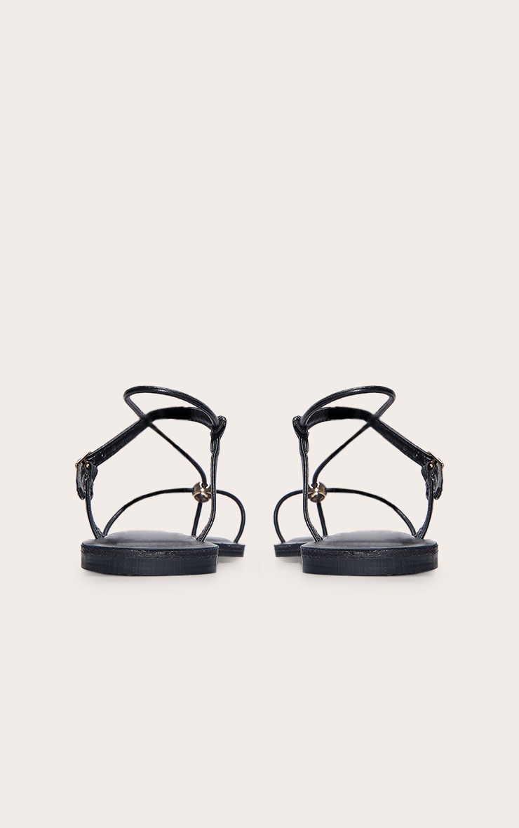 Black Pu Square Toe Thong Gold Trim Flat Sandals image 3