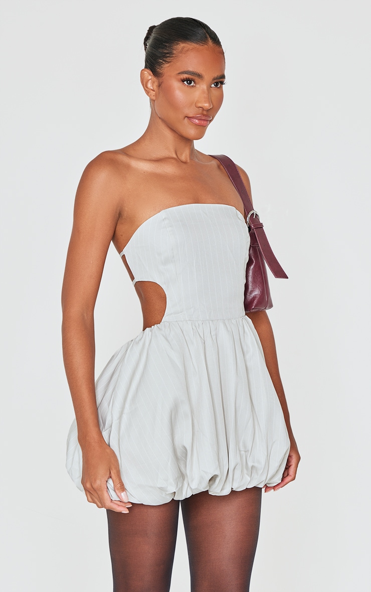 Stone Pinstripe Bandeau Tie Back Puffball Mini Dress image 3