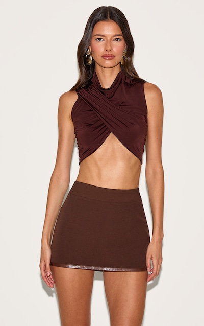 Chocolate Double Layer Slinky Ruched Ultra Crop Top