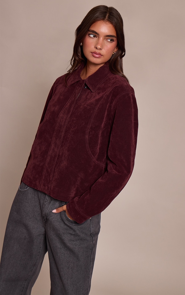 Burgundy Faux Suede Concealed Placket Bomber Jacket