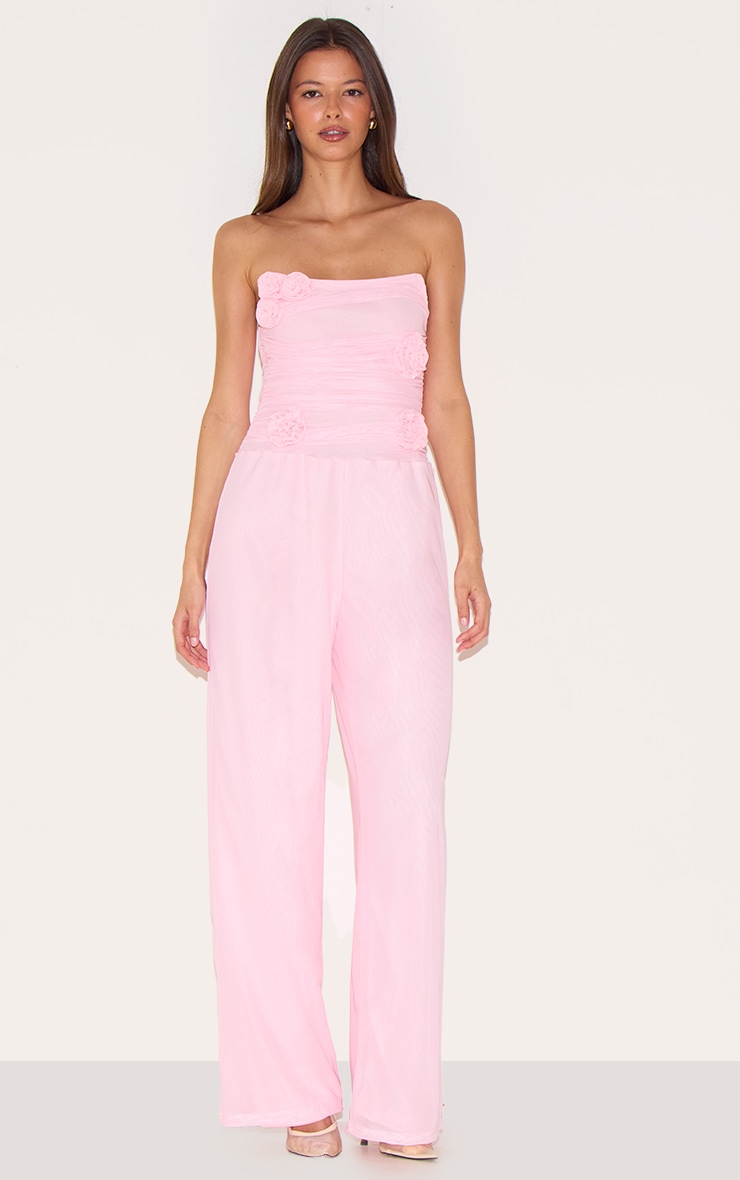Pale Pink Overlay Bandeau Rose Applique Jumpsuit | Jumpsuits & Rompers ...