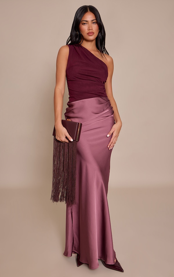 Purple One Shoulder Satin Contrast Maxi Dress