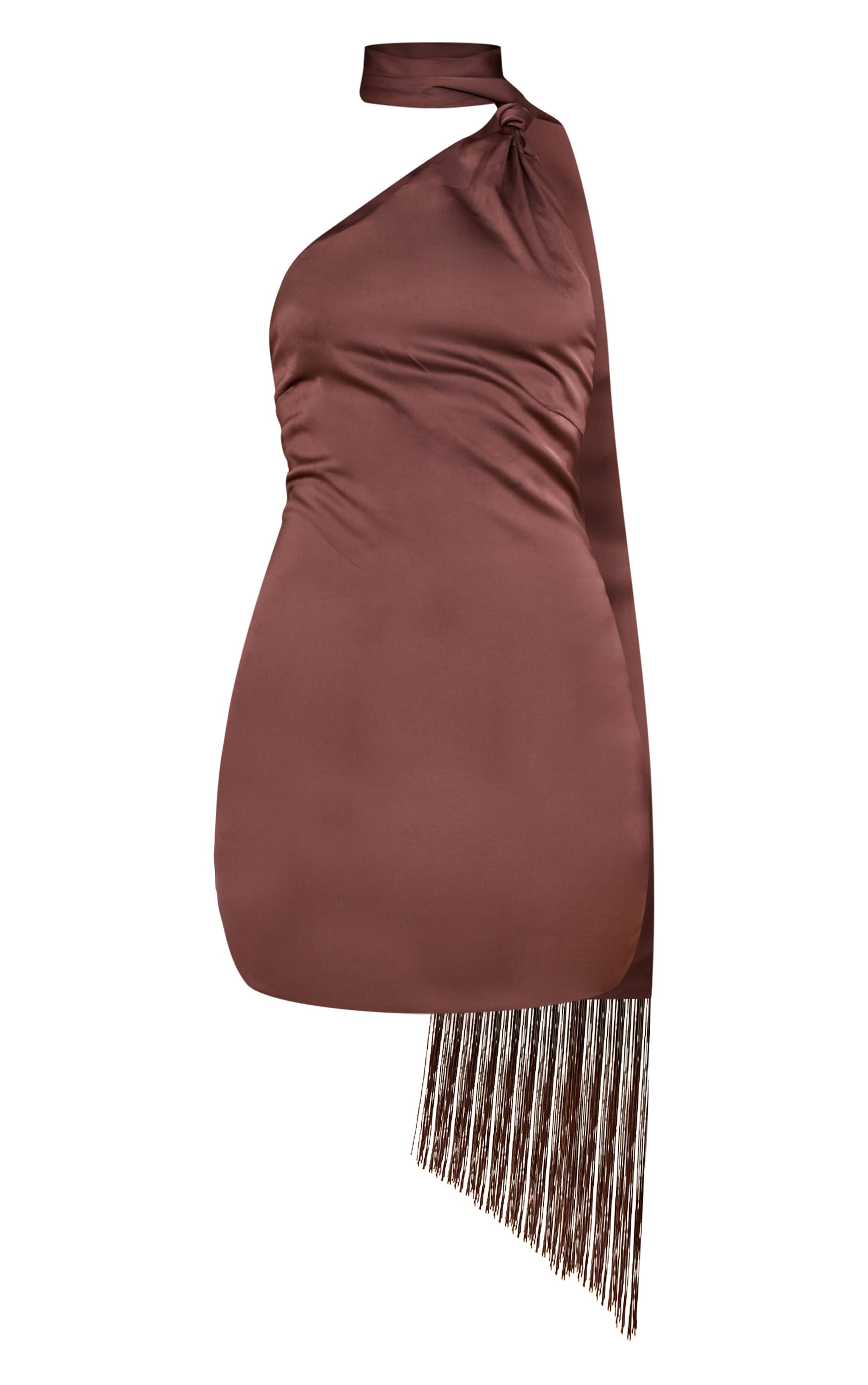 Chocolate Satin Wrap Fringe Detail Mini Dress image 5