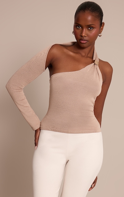 Top en maille tricot avoine à épaule unique et empiècement
