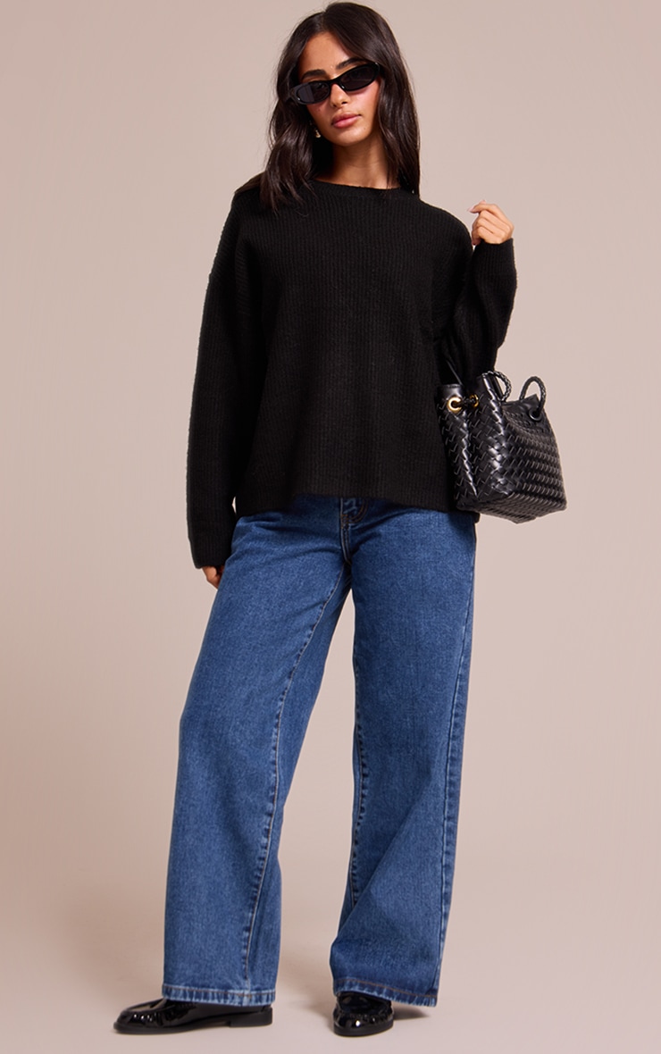 Petite Black Round Neck Knit Raglan Sleeve Sweatshirt image 3