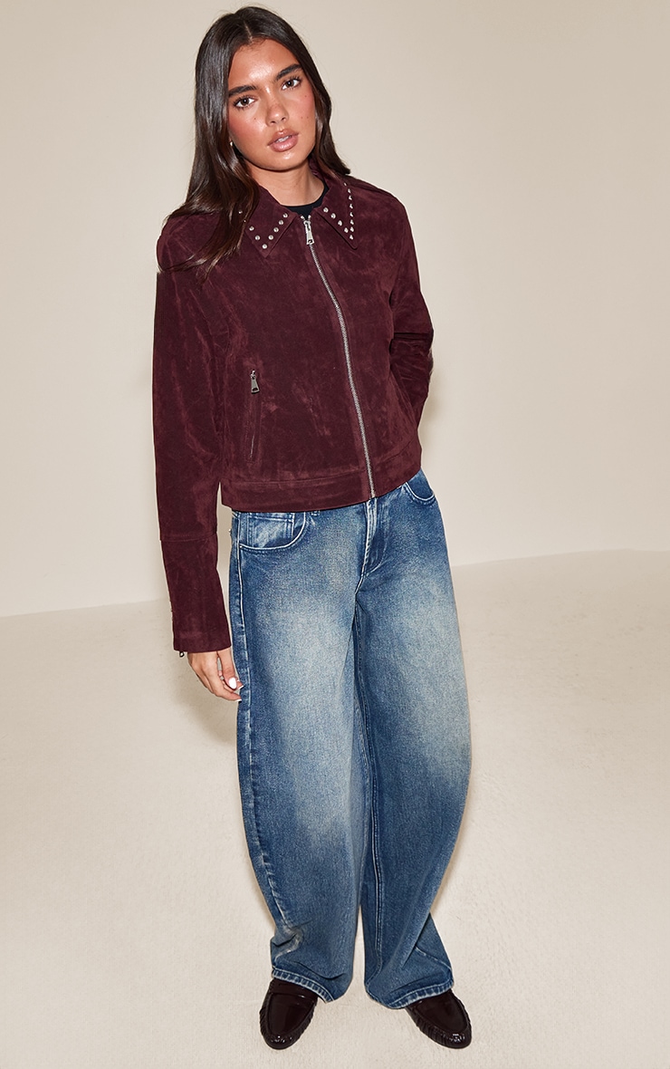 Burgundy Studded Detail Faux Suede Zip Up Jacket image 3