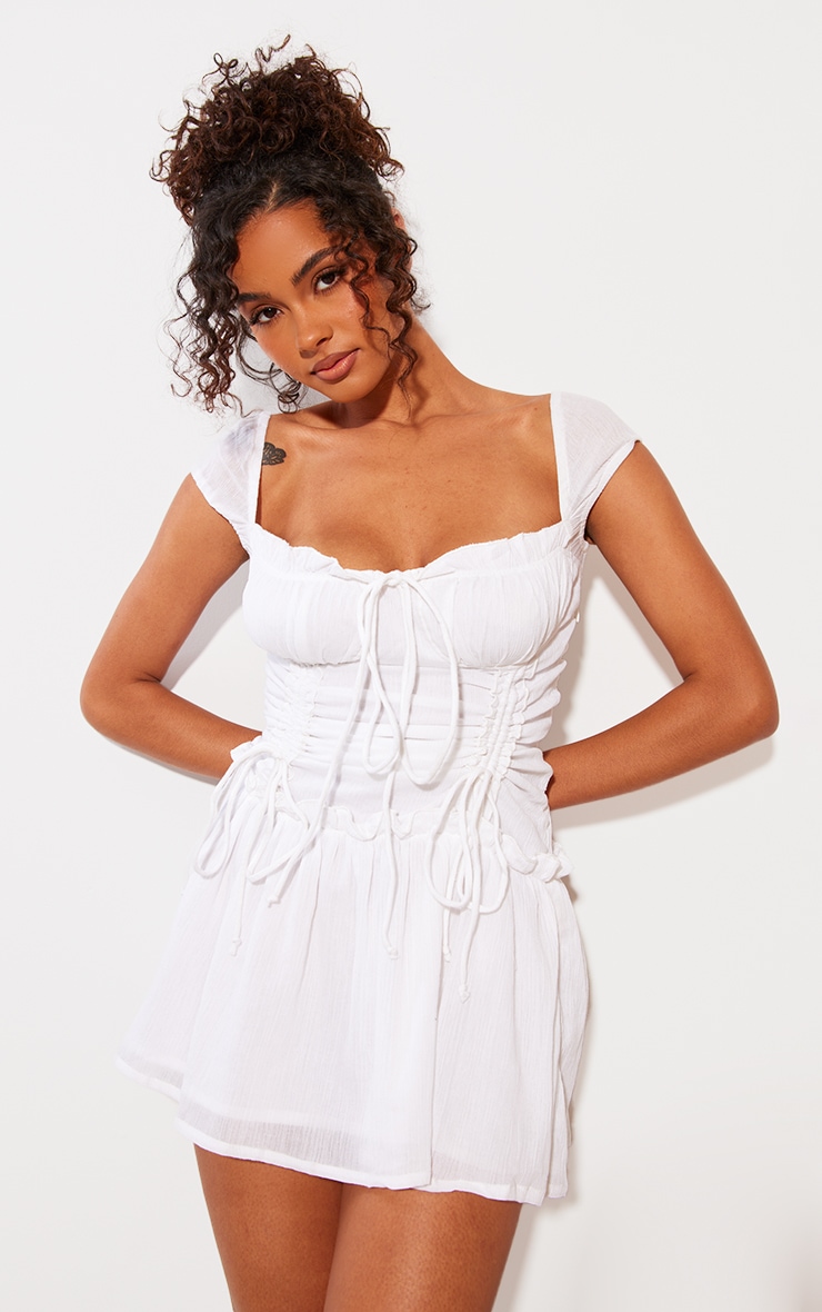 White Textured Ruched Puff Sleeve Bodycon Dress image 4
