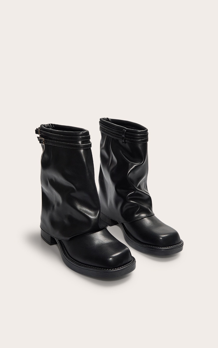 Black PU Round Toe Fold Over Buckle Strap Ankle Boots image 2