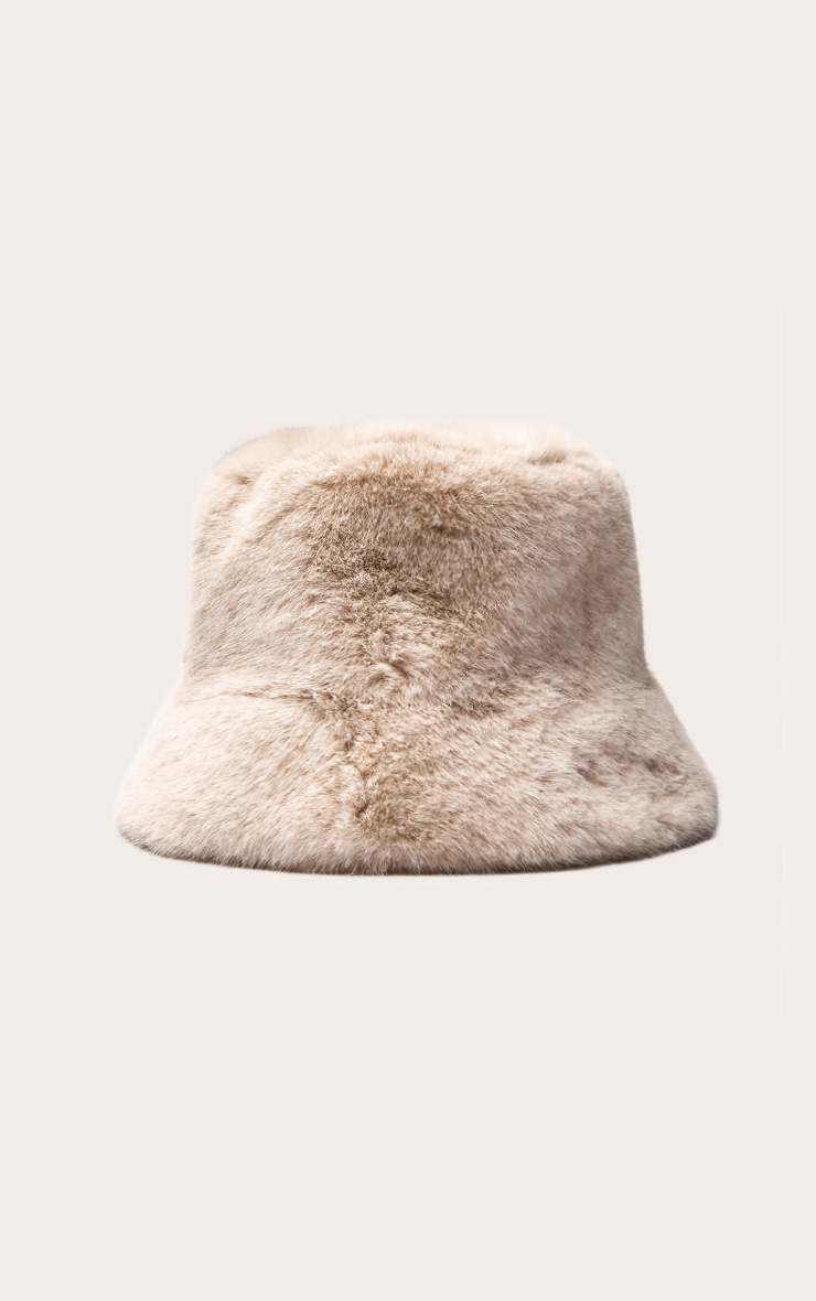 Beige Faux Fur Bucket Hats image 2