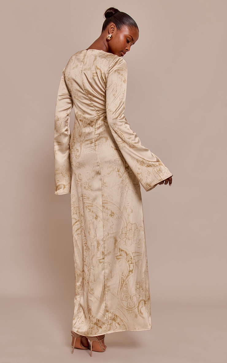 Pale Chartreuse Paisley Printed Satin Flute Sleeve Maxi Dress image 2