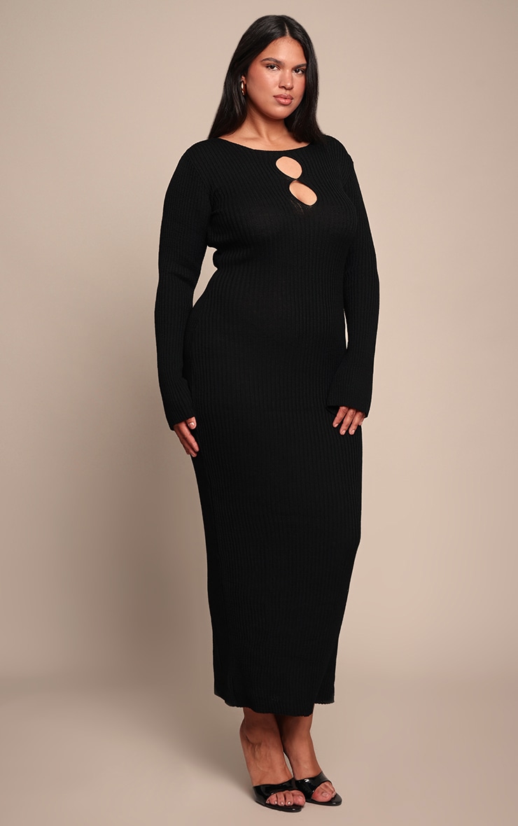 Plus Black Ribbed Keyhole Knitted Midaxi Dress image 3