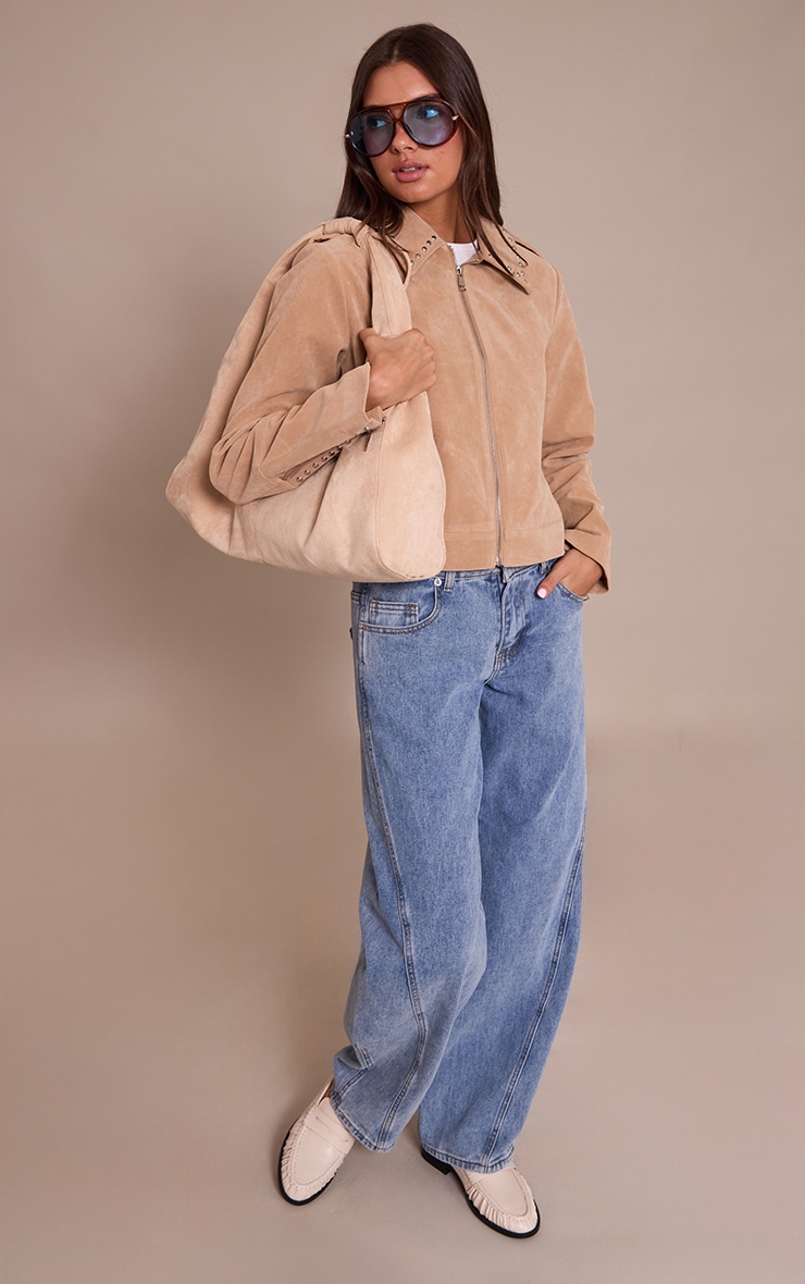 Sand Studded Detail Faux Suede Zip Up Jacket image 3