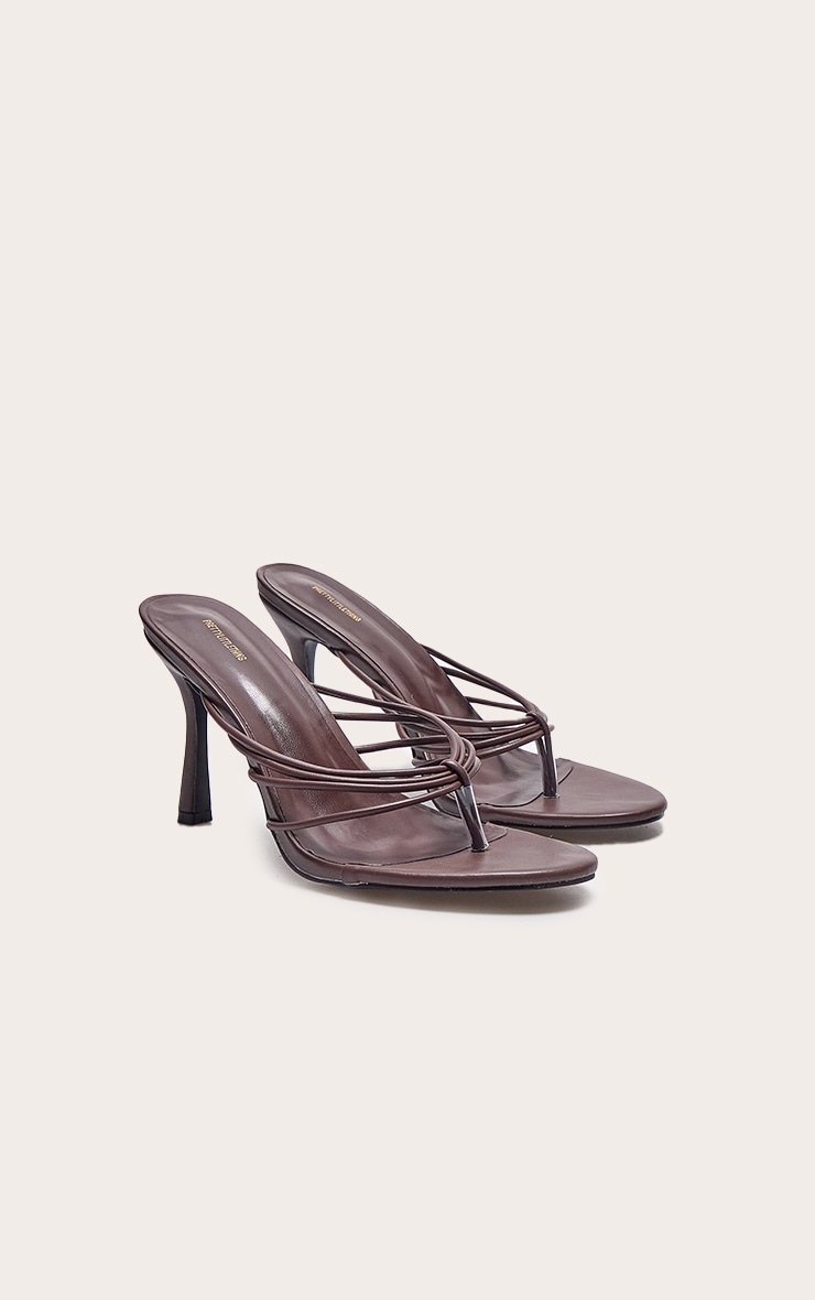 Chocolate Pu Round Toe Thong Strappy Mid Heeled Mules image 2