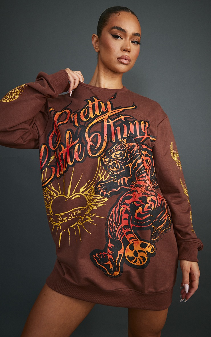 Chocolate Brown Oversized Graphic Printed Sweatshirt Dress