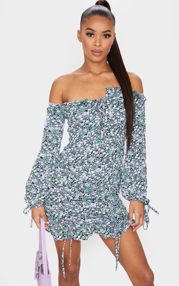 Purple Floral Print Bardot Lace Up Bust Bodycon Dress
