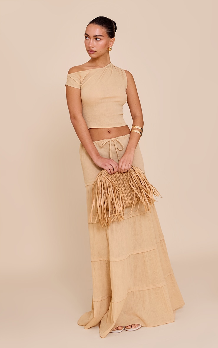 Sand Cheesecloth Off The Shoulder Asymmetric Top image 3