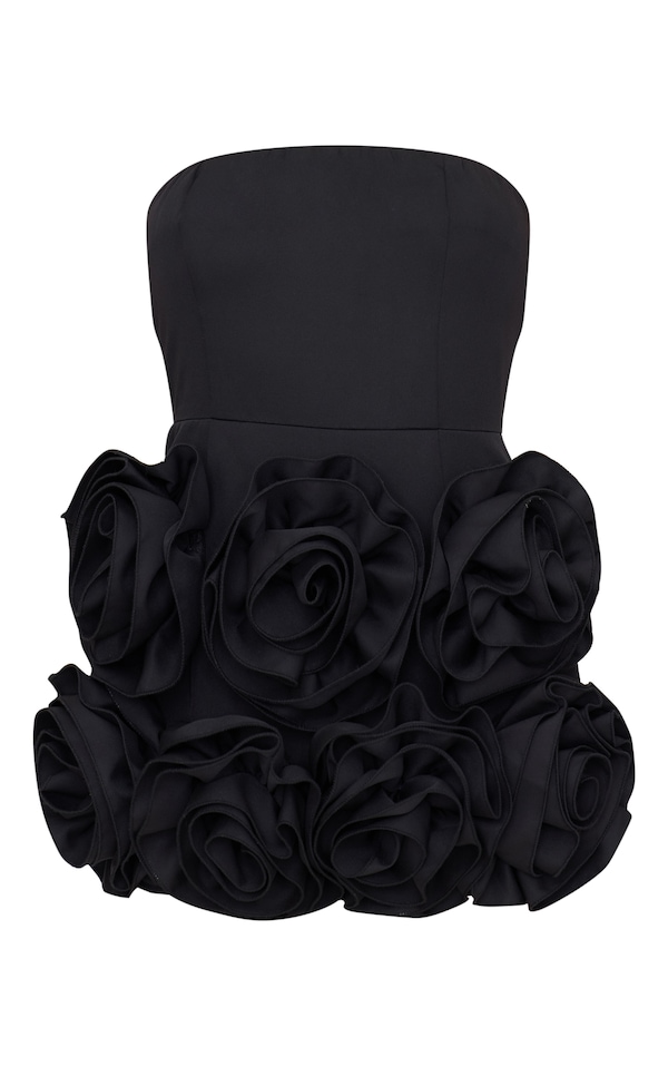 Black Oversized Rose Detail Bandeau Skort Romper