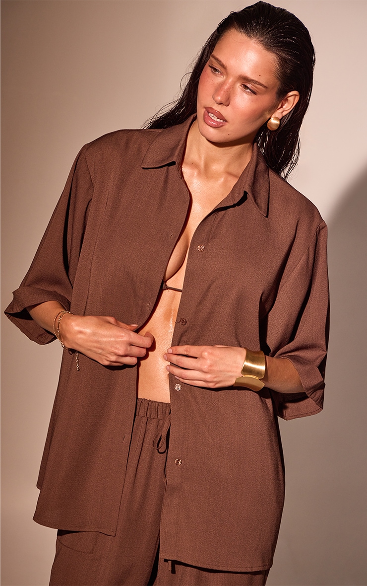Espresso Linen Look Drop Shoulder Beach Shirt image 1