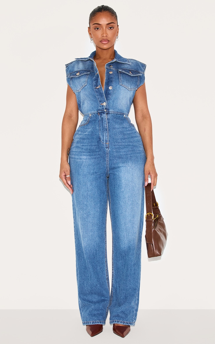 Shape Mid Blue Wash Sleeveless Rigid Denim Jumpsuit image 1