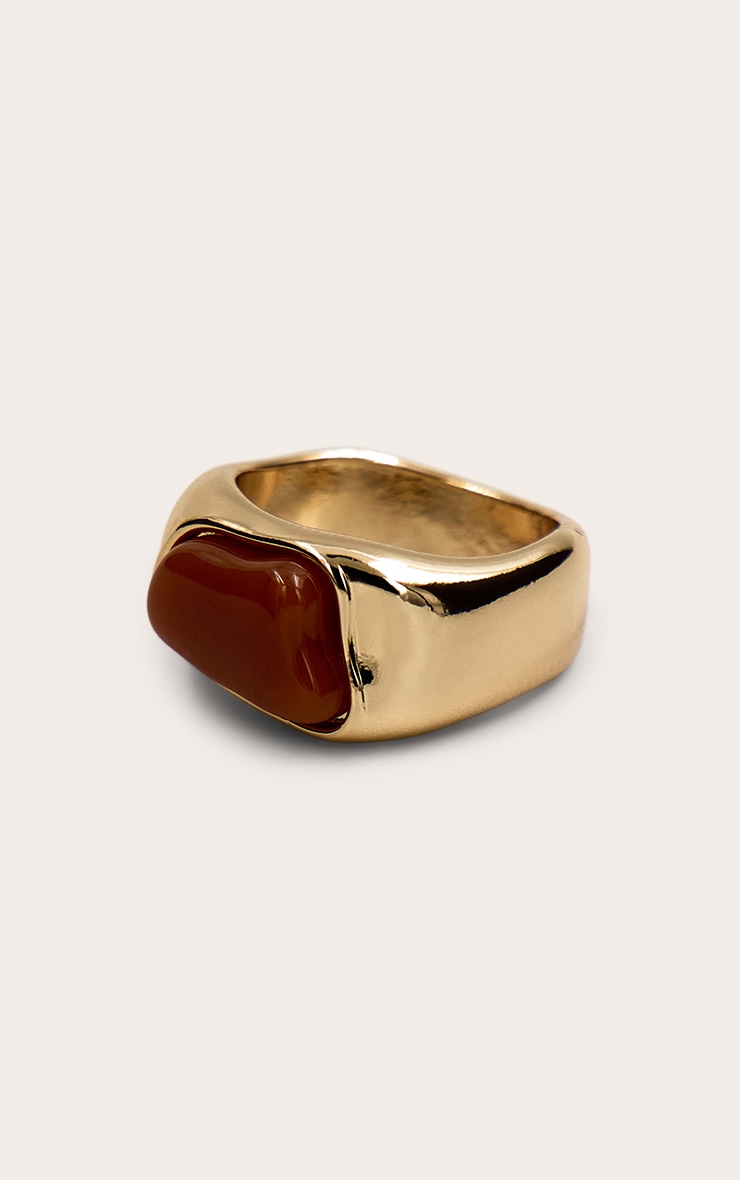 Bague texturée dorée à pierre en résine orange brûlé image 3